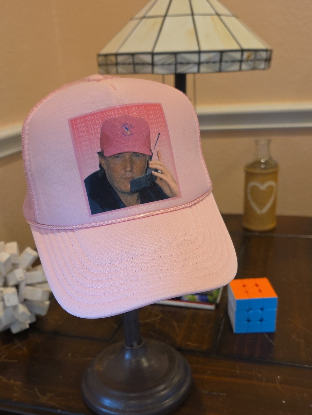 OTTO Pink Trucker Hat with Young Trump Photo Patch, MAGA, Worn Once